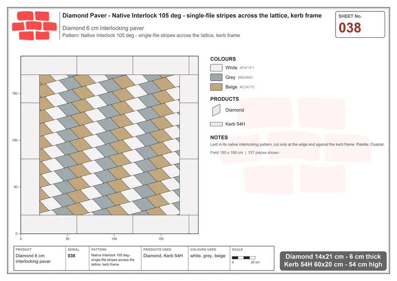 Interlock (Pasco) 14x21 cm · DIA-038 · Native Interlock 105 deg - single-file stripes across the lattice, kerb frame · Laying plan
