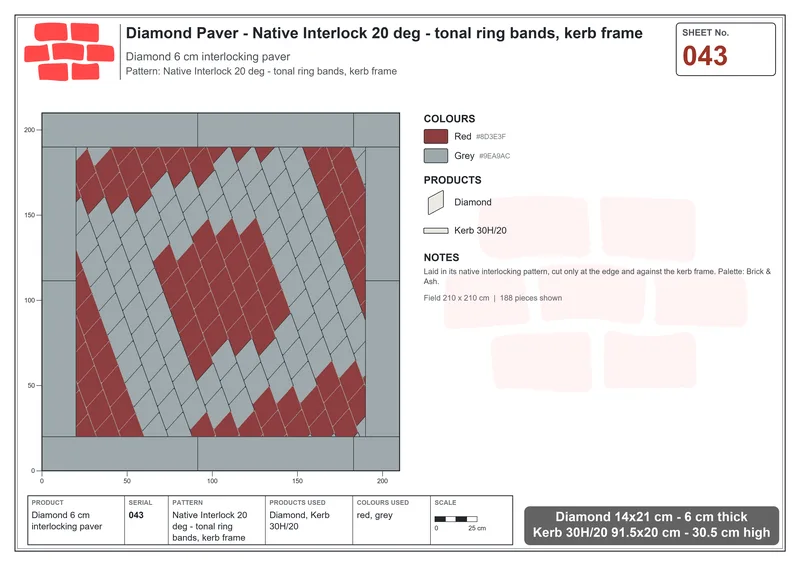 Interlock (Pasco) 14x21 cm · DIA-043 · Native Interlock 20 deg - tonal ring bands, kerb frame · Laying plan