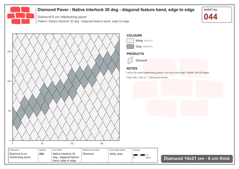 Interlock (Pasco) 14x21 cm · DIA-044 · Native Interlock 30 deg - diagonal feature band, edge to edge · Laying plan