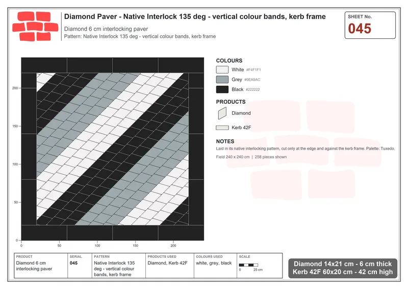 Interlock (Pasco) 14x21 cm · DIA-045 · Native Interlock 135 deg - vertical colour bands, kerb frame · Laying plan