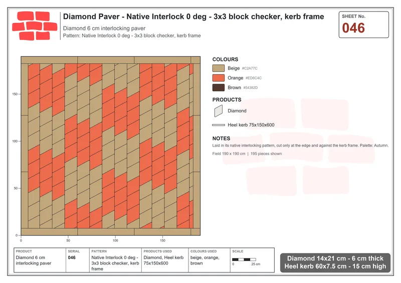 Interlock (Pasco) 14x21 cm · DIA-046 · Native Interlock 0 deg - 3x3 block checker, kerb frame · Laying plan