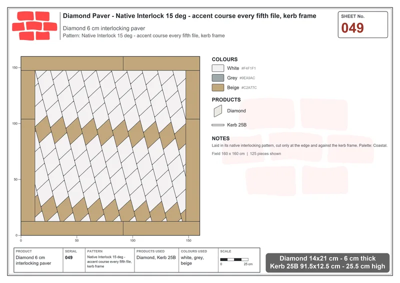 Interlock (Pasco) 14x21 cm · DIA-049 · Native Interlock 15 deg - accent course every fifth file, kerb frame · Laying plan