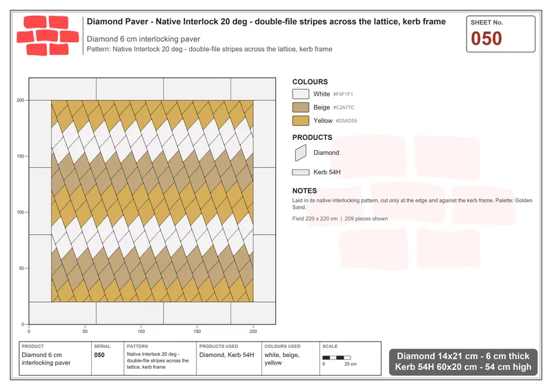 Interlock (Pasco) 14x21 cm · DIA-050 · Native Interlock 20 deg - double-file stripes across the lattice, kerb frame · Laying plan