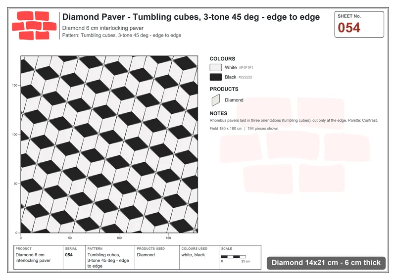 Interlock (Pasco) 14x21 cm · DIA-054 · Tumbling cubes, 3-tone 45 deg - edge to edge · Laying plan