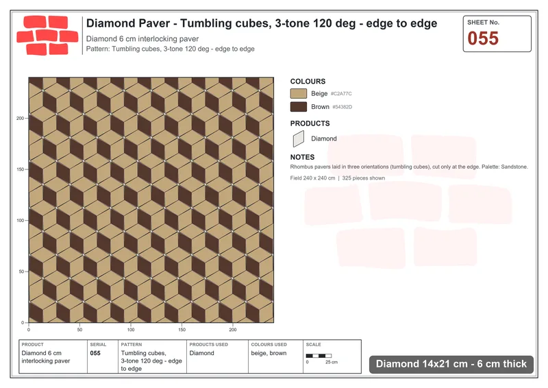 Interlock (Pasco) 14x21 cm · DIA-055 · Tumbling cubes, 3-tone 120 deg - edge to edge · Laying plan