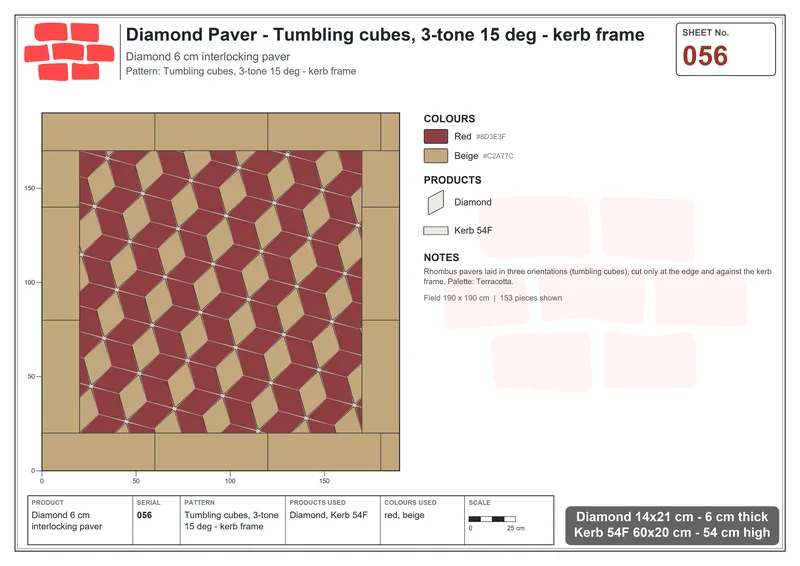 Interlock (Pasco) 14x21 cm · DIA-056 · Tumbling cubes, 3-tone 15 deg - kerb frame · Laying plan
