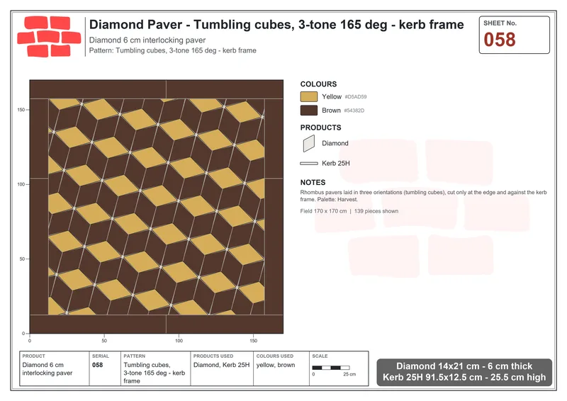 Interlock (Pasco) 14x21 cm · DIA-058 · Tumbling cubes, 3-tone 165 deg - kerb frame · Laying plan