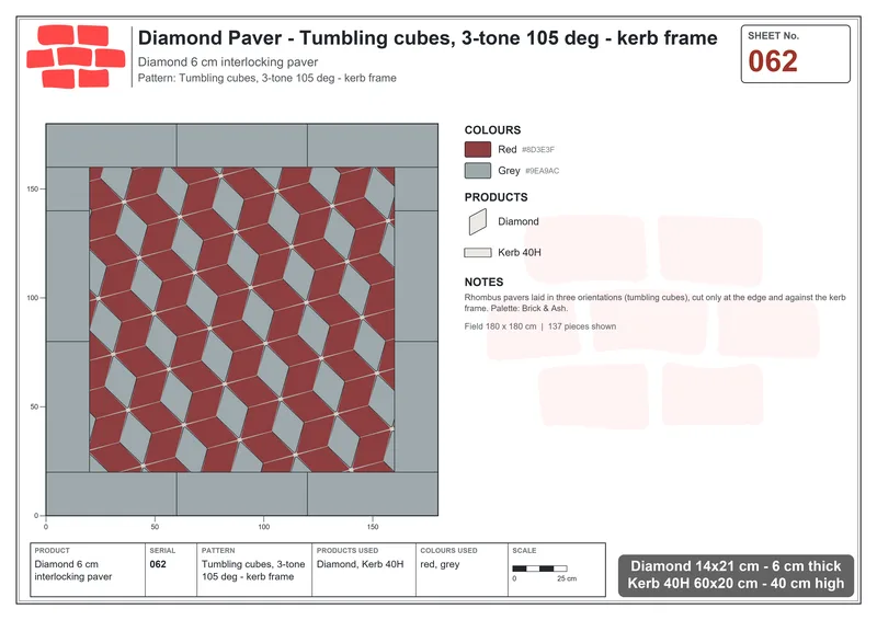 Interlock (Pasco) 14x21 cm · DIA-062 · Tumbling cubes, 3-tone 105 deg - kerb frame · Laying plan