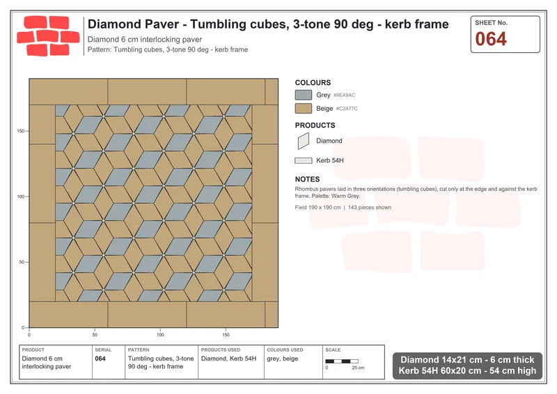 Interlock (Pasco) 14x21 cm · DIA-064 · Tumbling cubes, 3-tone 90 deg - kerb frame · Laying plan