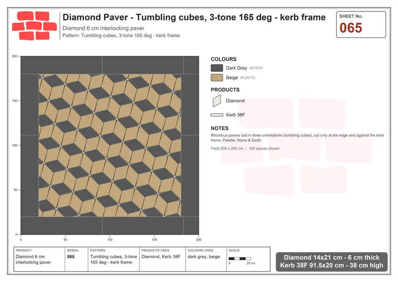 Interlock (Pasco) 14x21 cm · DIA-065 · Tumbling cubes, 3-tone 165 deg - kerb frame · Laying plan