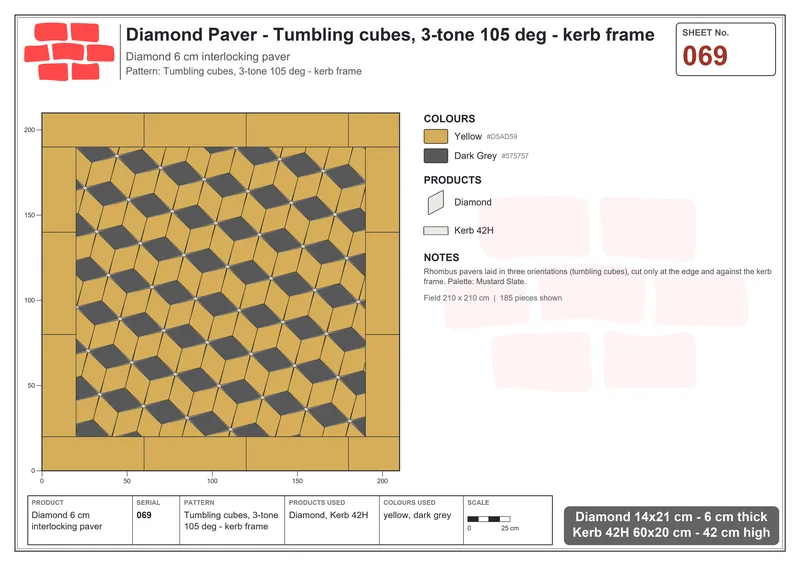 Interlock (Pasco) 14x21 cm · DIA-069 · Tumbling cubes, 3-tone 105 deg - kerb frame · Laying plan