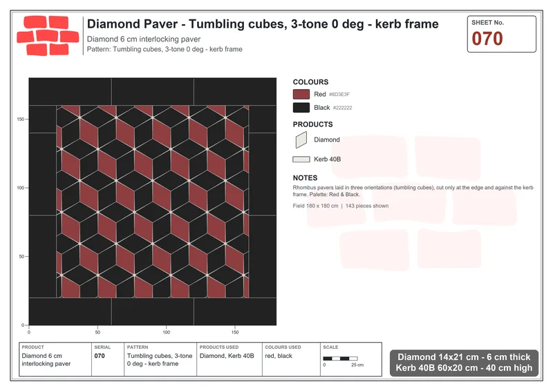 Interlock (Pasco) 14x21 cm · DIA-070 · Tumbling cubes, 3-tone 0 deg - kerb frame · Laying plan