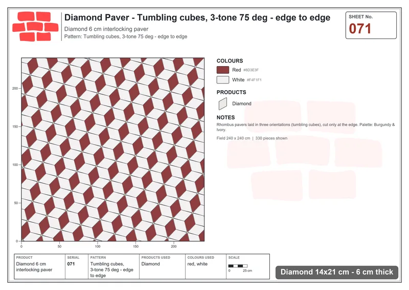 Interlock (Pasco) 14x21 cm · DIA-071 · Tumbling cubes, 3-tone 75 deg - edge to edge · Laying plan