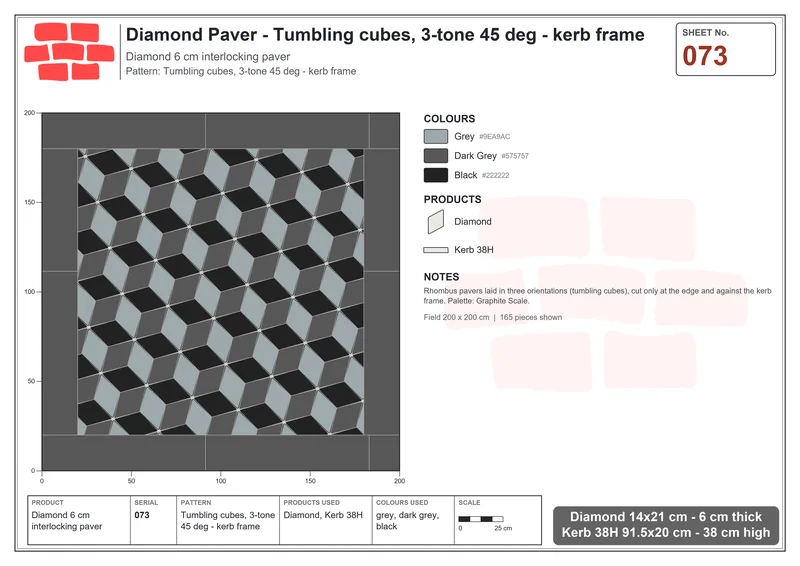 Interlock (Pasco) 14x21 cm · DIA-073 · Tumbling cubes, 3-tone 45 deg - kerb frame · Laying plan