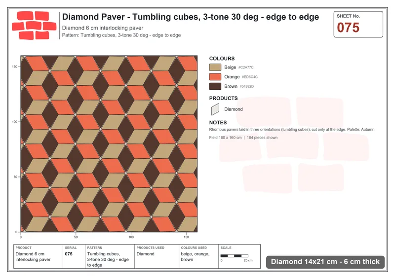 Interlock (Pasco) 14x21 cm · DIA-075 · Tumbling cubes, 3-tone 30 deg - edge to edge · Laying plan
