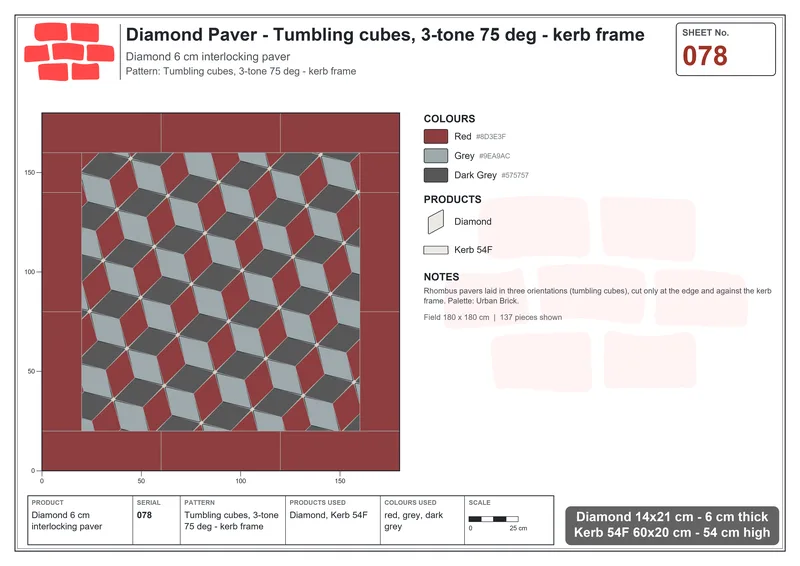 Interlock (Pasco) 14x21 cm · DIA-078 · Tumbling cubes, 3-tone 75 deg - kerb frame · Laying plan