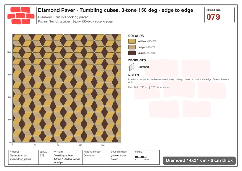 Interlock (Pasco) 14x21 cm · DIA-079 · Tumbling cubes, 3-tone 150 deg - edge to edge · Laying plan
