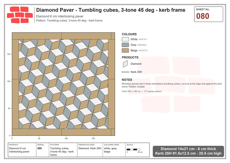 Interlock (Pasco) 14x21 cm · DIA-080 · Tumbling cubes, 3-tone 45 deg - kerb frame · Laying plan