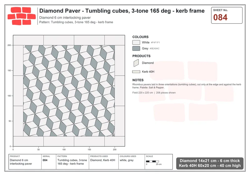 Interlock (Pasco) 14x21 cm · DIA-084 · Tumbling cubes, 3-tone 165 deg - kerb frame · Laying plan