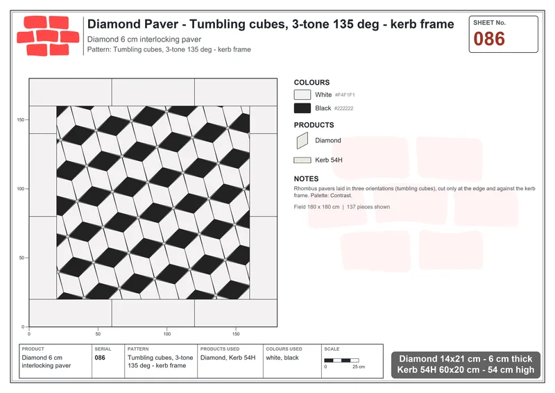 Interlock (Pasco) 14x21 cm · DIA-086 · Tumbling cubes, 3-tone 135 deg - kerb frame · Laying plan
