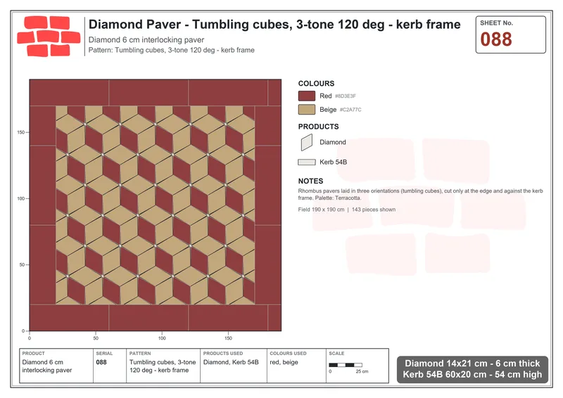 Interlock (Pasco) 14x21 cm · DIA-088 · Tumbling cubes, 3-tone 120 deg - kerb frame · Laying plan