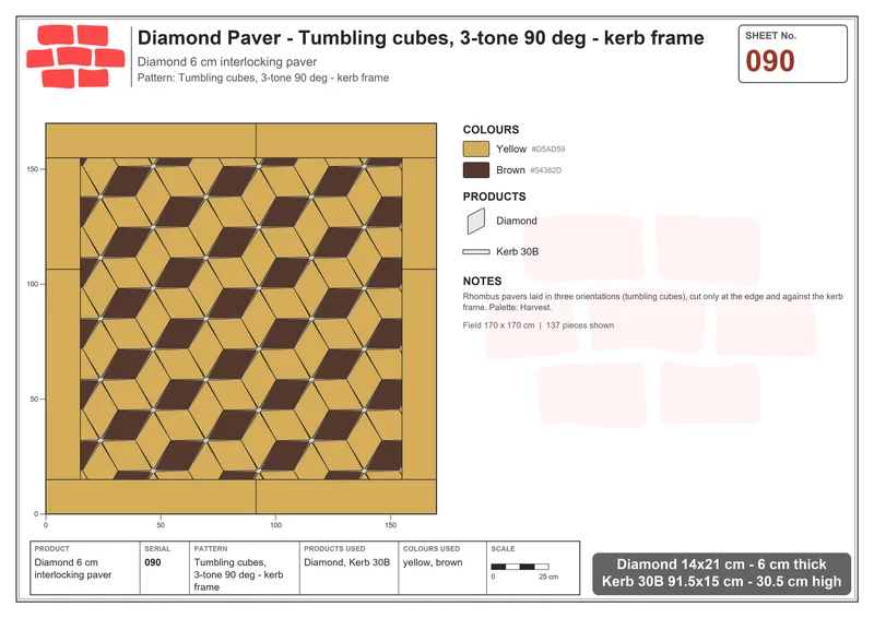Interlock (Pasco) 14x21 cm · DIA-090 · Tumbling cubes, 3-tone 90 deg - kerb frame · Laying plan