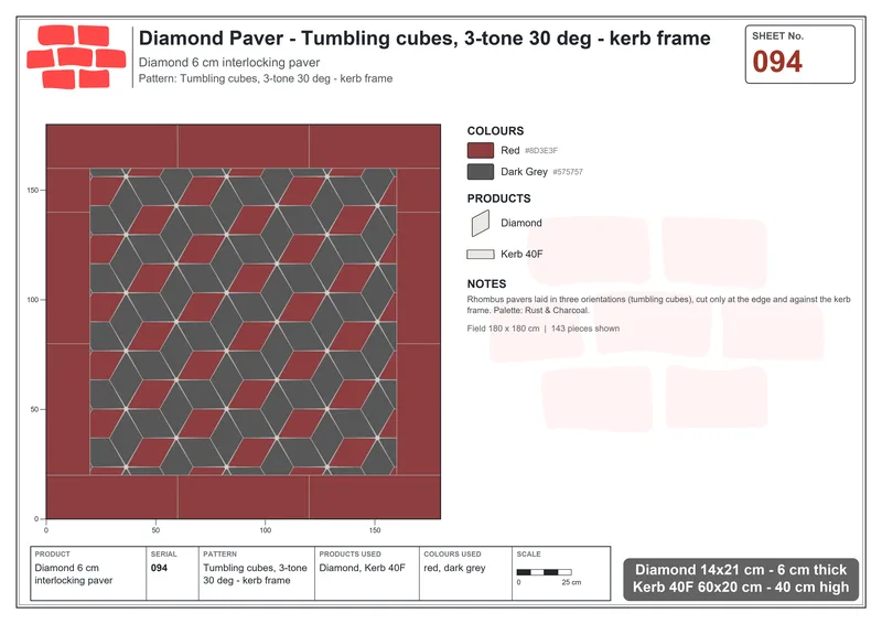Interlock (Pasco) 14x21 cm · DIA-094 · Tumbling cubes, 3-tone 30 deg - kerb frame · Laying plan