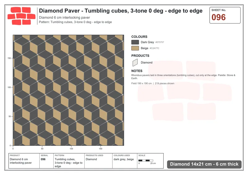 Interlock (Pasco) 14x21 cm · DIA-096 · Tumbling cubes, 3-tone 0 deg - edge to edge · Laying plan