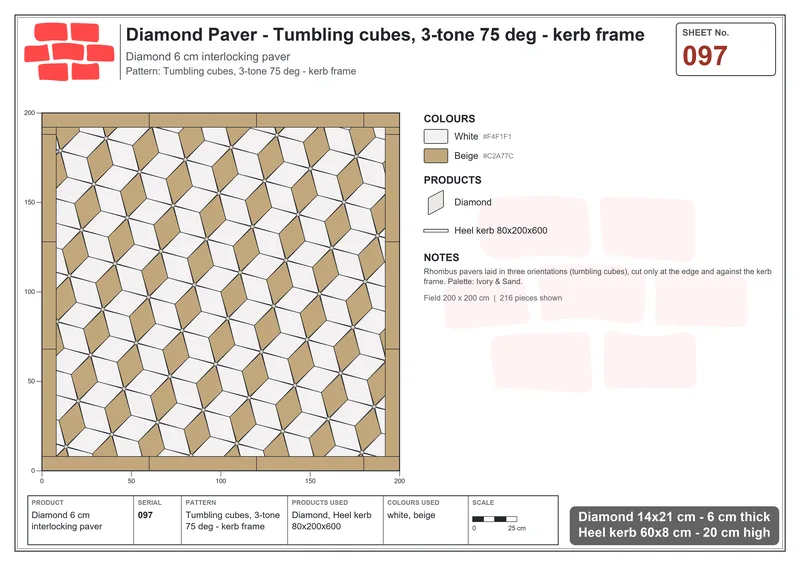 Interlock (Pasco) 14x21 cm · DIA-097 · Tumbling cubes, 3-tone 75 deg - kerb frame · Laying plan