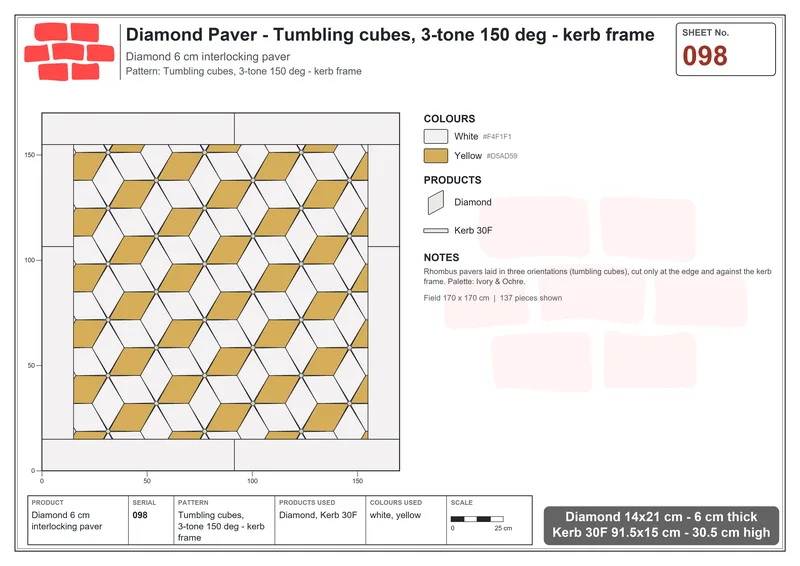 Interlock (Pasco) 14x21 cm · DIA-098 · Tumbling cubes, 3-tone 150 deg - kerb frame · Laying plan