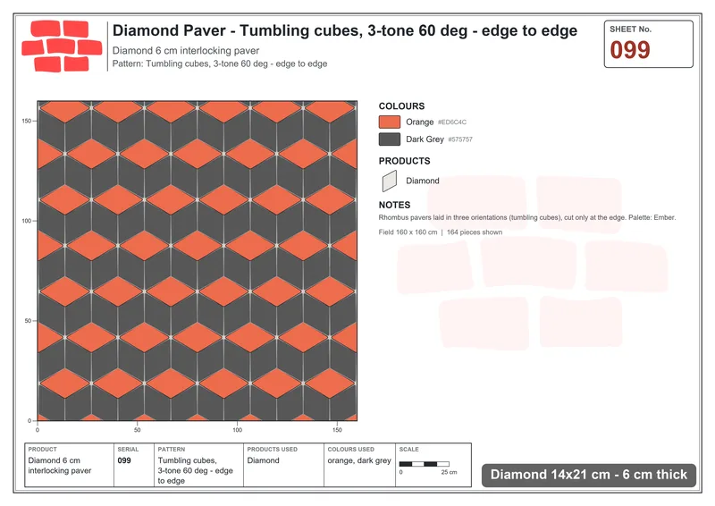 Interlock (Pasco) 14x21 cm · DIA-099 · Tumbling cubes, 3-tone 60 deg - edge to edge · Laying plan