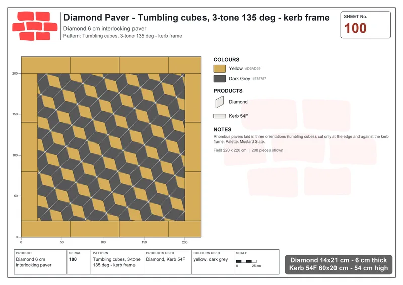 Interlock (Pasco) 14x21 cm · DIA-100 · Tumbling cubes, 3-tone 135 deg - kerb frame · Laying plan