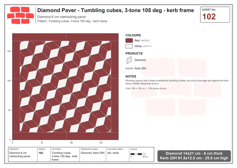 Interlock (Pasco) 14x21 cm · DIA-102 · Tumbling cubes, 3-tone 105 deg - kerb frame · Laying plan