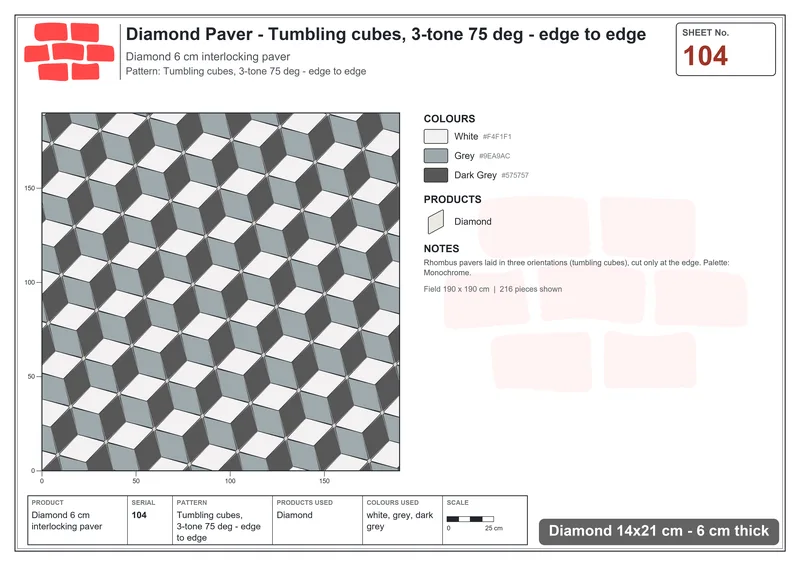 Interlock (Pasco) 14x21 cm · DIA-104 · Tumbling cubes, 3-tone 75 deg - edge to edge · Laying plan
