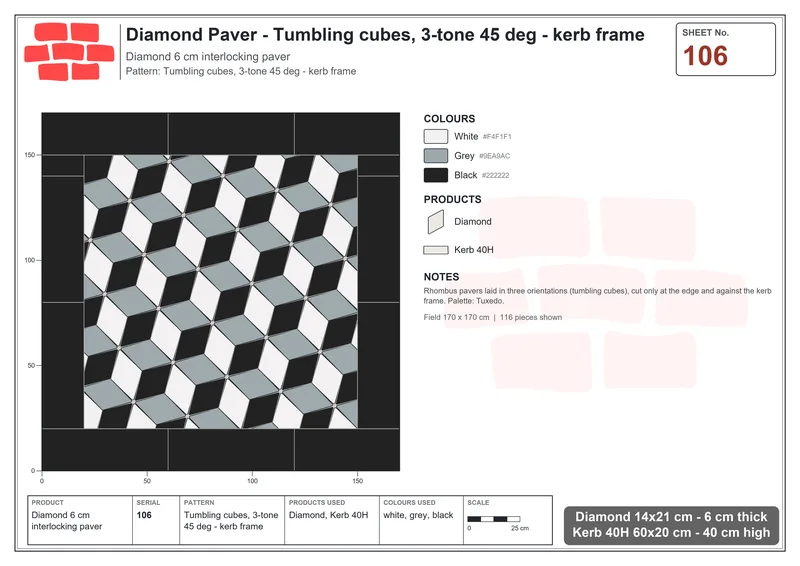 Interlock (Pasco) 14x21 cm · DIA-106 · Tumbling cubes, 3-tone 45 deg - kerb frame · Laying plan