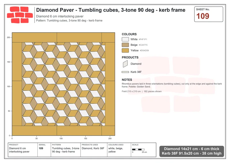Interlock (Pasco) 14x21 cm · DIA-109 · Tumbling cubes, 3-tone 90 deg - kerb frame · Laying plan