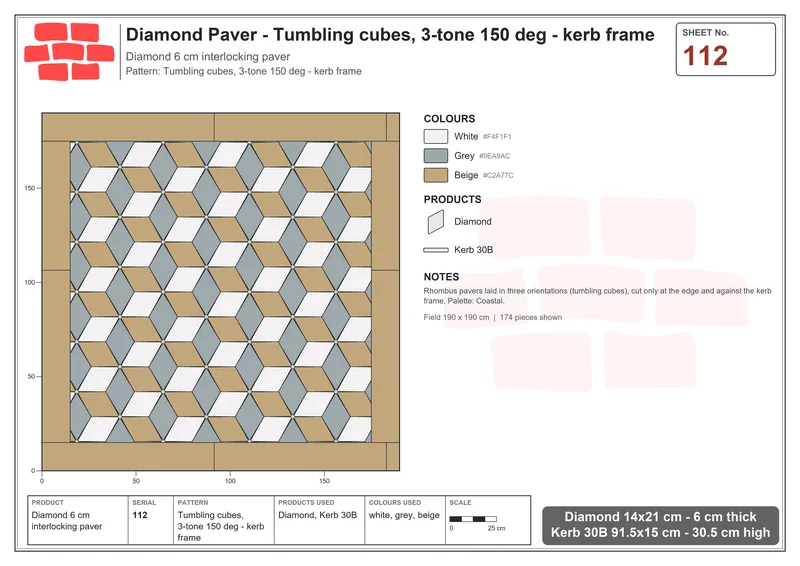 Interlock (Pasco) 14x21 cm · DIA-112 · Tumbling cubes, 3-tone 150 deg - kerb frame · Laying plan