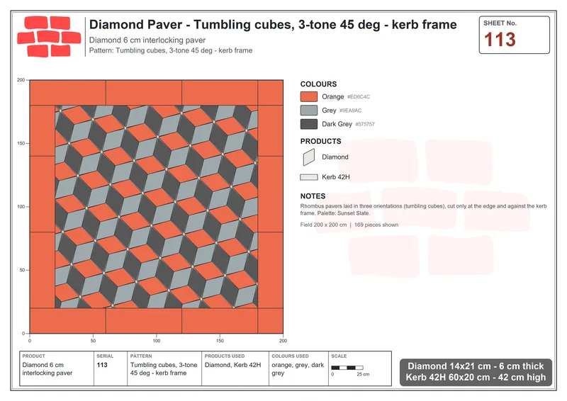 Interlock (Pasco) 14x21 cm · DIA-113 · Tumbling cubes, 3-tone 45 deg - kerb frame · Laying plan