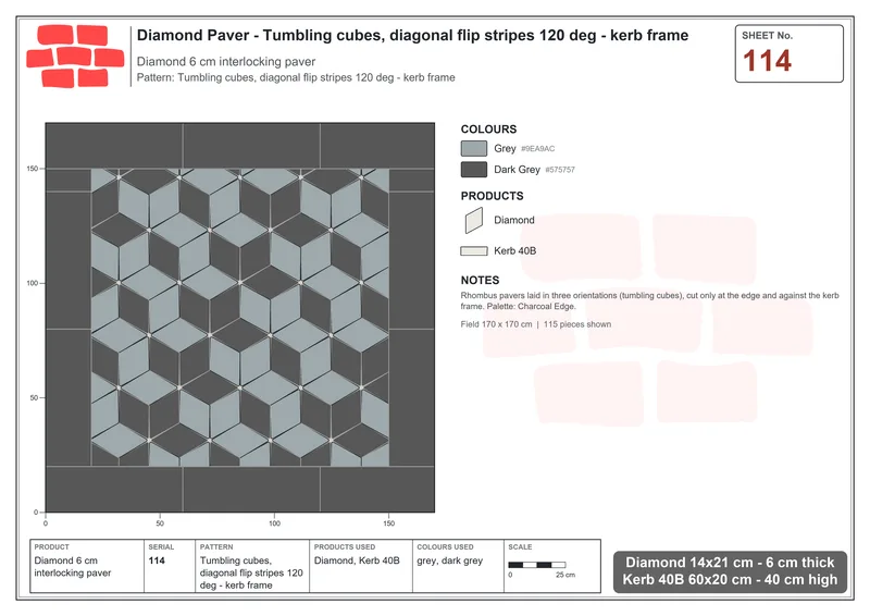Interlock (Pasco) 14x21 cm · DIA-114 · Tumbling cubes, diagonal flip stripes 120 deg - kerb frame · Laying plan