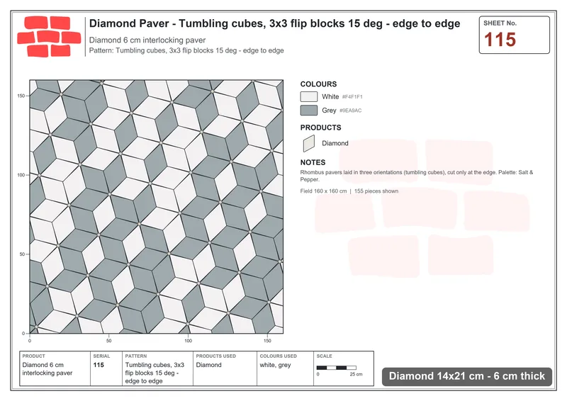 Interlock (Pasco) 14x21 cm · DIA-115 · Tumbling cubes, 3x3 flip blocks 15 deg - edge to edge · Laying plan