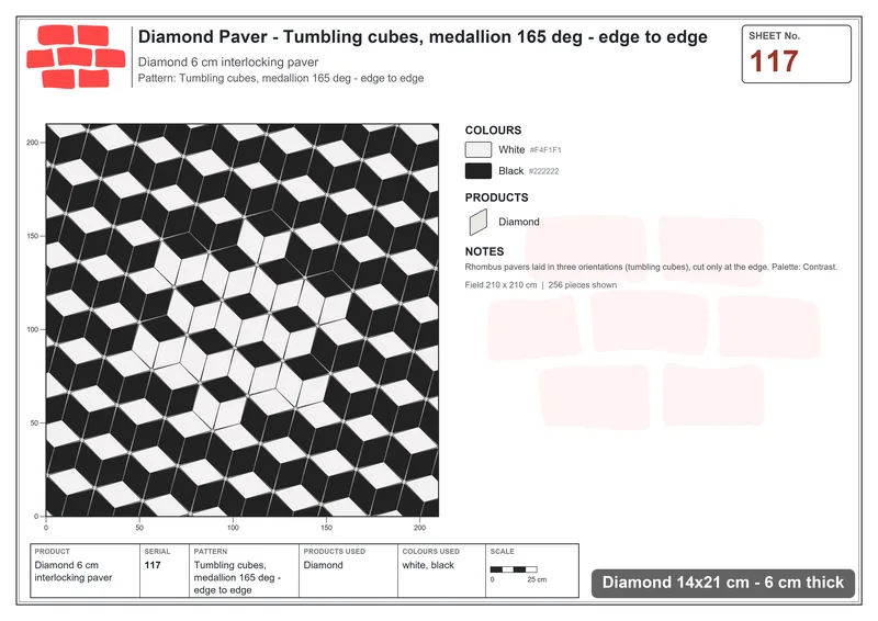 Interlock (Pasco) 14x21 cm · DIA-117 · Tumbling cubes, medallion 165 deg - edge to edge · Laying plan