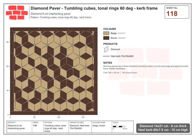 Interlock (Pasco) 14x21 cm · DIA-118 · Tumbling cubes, tonal rings 60 deg - kerb frame · Laying plan