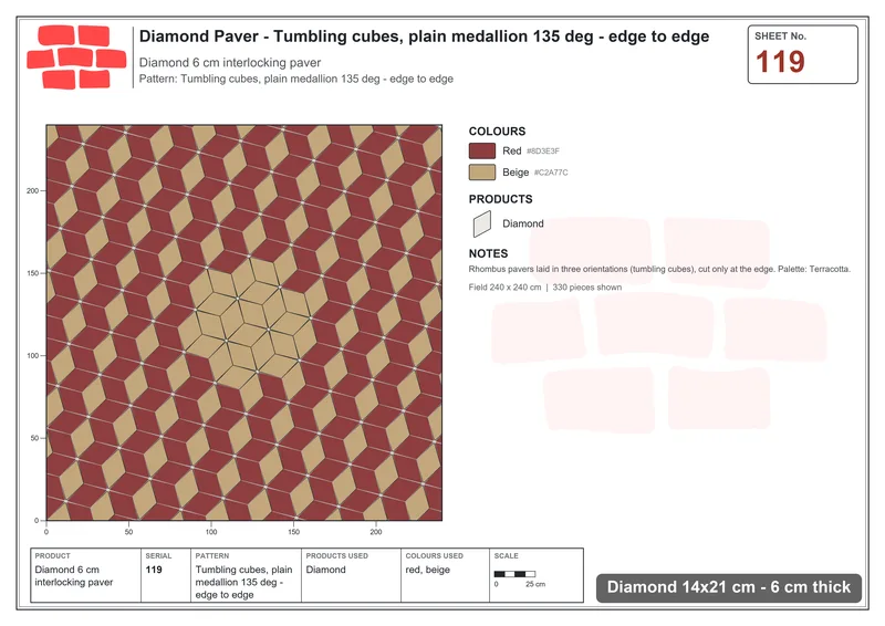 Interlock (Pasco) 14x21 cm · DIA-119 · Tumbling cubes, plain medallion 135 deg - edge to edge · Laying plan