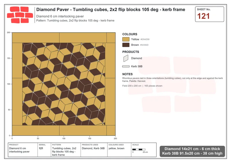 Interlock (Pasco) 14x21 cm · DIA-121 · Tumbling cubes, 2x2 flip blocks 105 deg - kerb frame · Laying plan