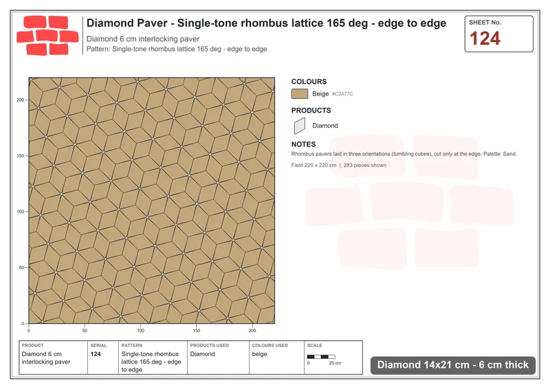 Interlock (Pasco) 14x21 cm · DIA-124 · Single-tone rhombus lattice 165 deg - edge to edge · Laying plan