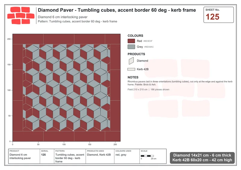 Interlock (Pasco) 14x21 cm · DIA-125 · Tumbling cubes, accent border 60 deg - kerb frame · Laying plan