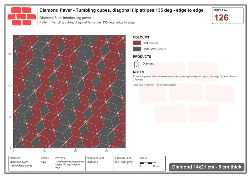 Interlock (Pasco) 14x21 cm · DIA-126 · Tumbling cubes, diagonal flip stripes 135 deg - edge to edge · Laying plan