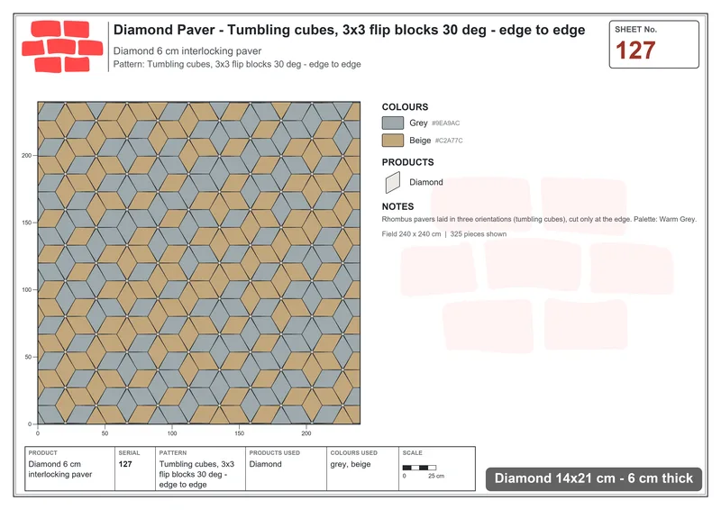 Interlock (Pasco) 14x21 cm · DIA-127 · Tumbling cubes, 3x3 flip blocks 30 deg - edge to edge · Laying plan