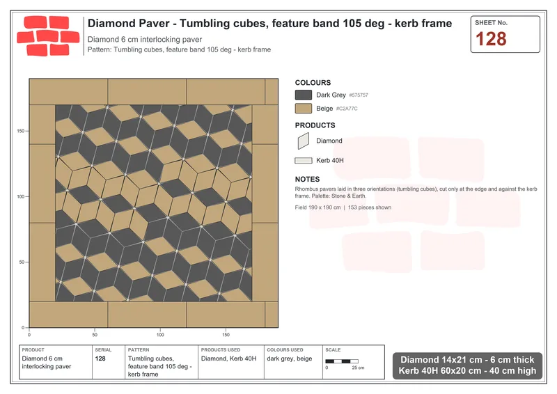 Interlock (Pasco) 14x21 cm · DIA-128 · Tumbling cubes, feature band 105 deg - kerb frame · Laying plan