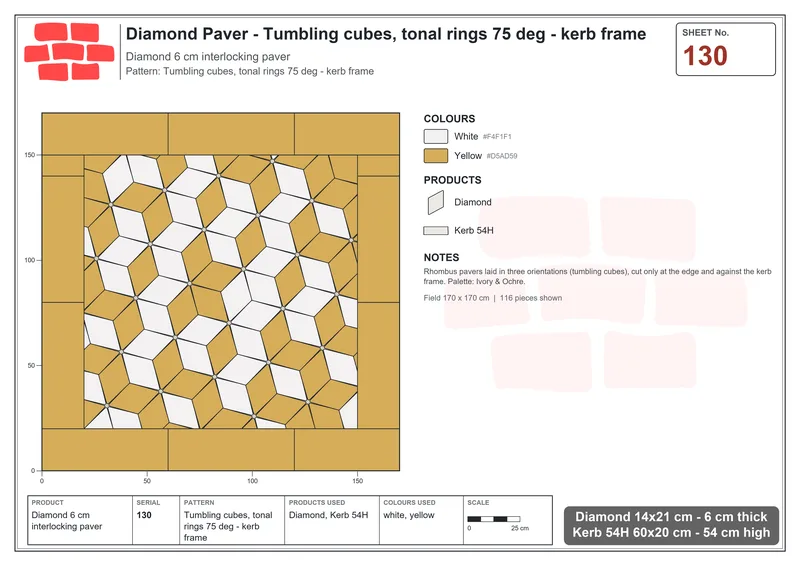 Interlock (Pasco) 14x21 cm · DIA-130 · Tumbling cubes, tonal rings 75 deg - kerb frame · Laying plan